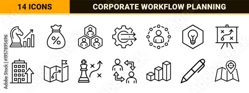 Business Architecture and Corporate Strategy Thin Line Icons Featuring Minimalist Geometric Logic and Professional Enterprise Workflow Symbols.