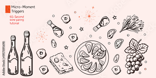 Hand drawn illustration of wine cheese and seafood pairings with festive details