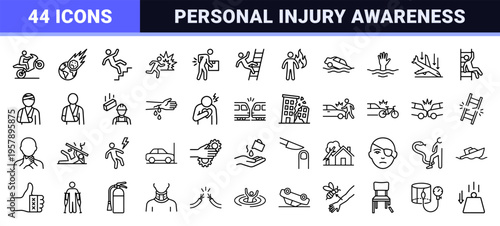 Emergency Accident and Safety Hazard Line Art; Minimalist Monoline Symbols for Personal Injury, Insurance Claims, and First Aid Training.