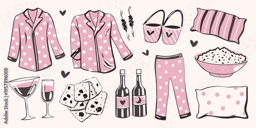 Cozy night in pajamas wine popcorn and relaxing comforts illustrated