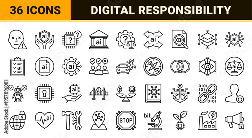 Ethical Artificial Intelligence and Digital Governance Line Art. Minimalist monoline icons for transparency, fairness, and data privacy.