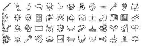 Aesthetic Surgery and Cosmetic Medicine Minimalist Monoline Icons for Medical Clinics and Plastic Surgery Patient Consultation Materials