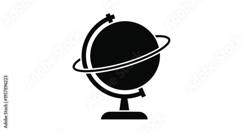 Simple black silhouette of a globe with meridian and stand