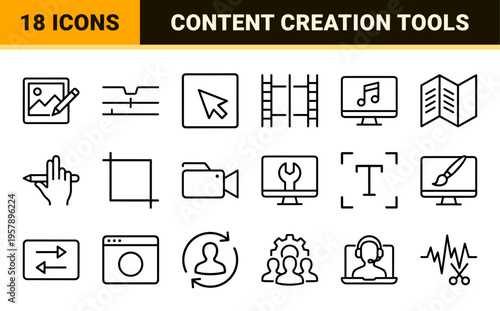Multimedia Content Editor Monoline Icon Set featuring Minimalist Geometric Outlines for Professional Video Audio and Graphic Design Software.