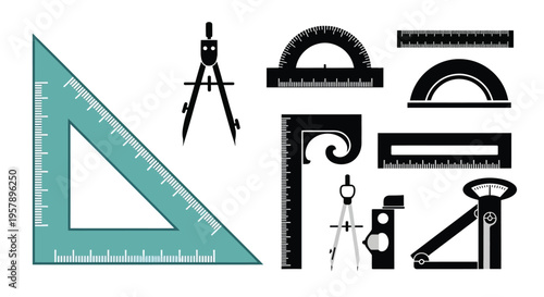 A collection of drafting tools including rulers protractors and compasses