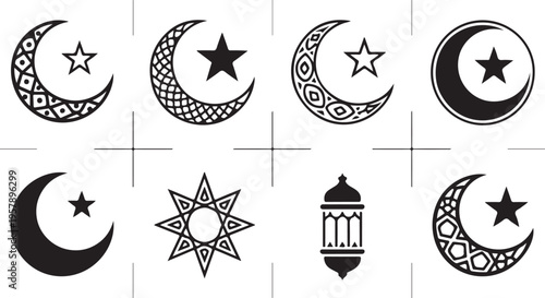 Islamic crescent moon and star symbols with lantern on white background