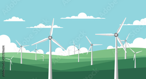 Wind turbines on green hills generating clean energy