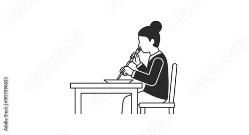 Woman eating noodles with chopsticks at a table