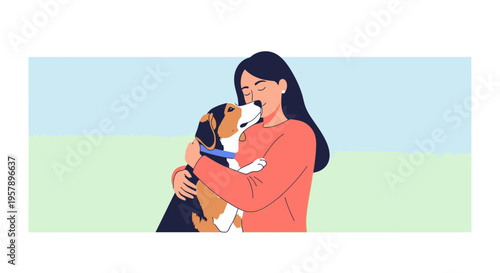 Woman lovingly hugs her dog outdoors in a park