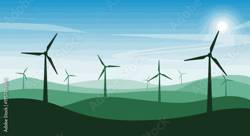 Wind turbines on green rolling hills under a sunny sky