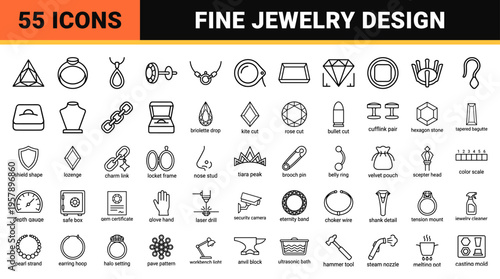 Luxury Gemology and Fine Jewelry Monoline Icon Set featuring Geometric Diamond Shapes and Goldsmith Tools in Minimalist Line Art Style.