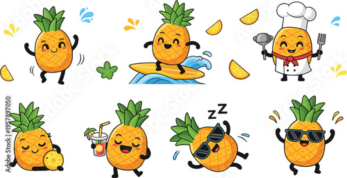 Cute pineapple characters vector set with surfing, cooking, relaxing and drinking juice, funny tropical fruit cartoon illustration collection