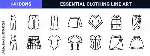 Apparel and Fashion Garment Minimalist Monoline Outline Icons featuring Geometric Clothing Silhouettes for E-commerce Interface Design