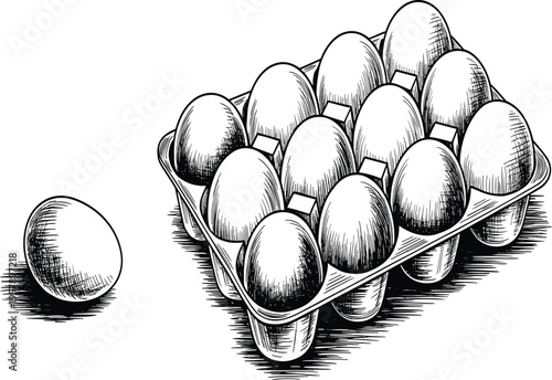 Chicken eggs in carton box vector illustration, vintage engraved style, farm fresh food and grocery