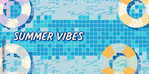 A vibrant summer scene featuring pool tiles and colorful life preservers