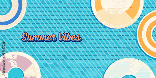 Colorful summer background featuring beach balls and the text summer vibes