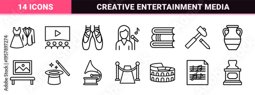 Culture and Arts Entertainment Line Art Set featuring Minimalist Monoline Geometric Icons for Theater, Cinema, Music, and Fine Art Gallery.