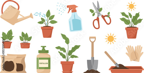 Gardening tools and plant care vector set with watering can, shovel, fertilizer, gloves and houseplants, home garden illustration collection