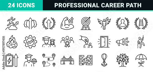 Human Potential and Business Development Monoline Icons Featuring Growth Strategy, Leadership Training, and Career Success Geometric Line Art
