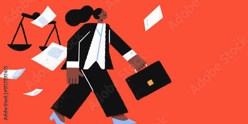 A businesswoman walks amidst falling papers symbolizing legal or professional challenges