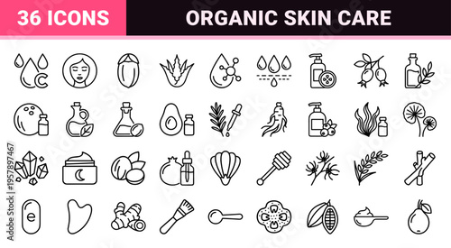Natural Skincare Ingredients Minimalist Monoline Icons; Geometric Line Art Symbols for Organic Beauty, Cosmetics, and Botanical Extracts.