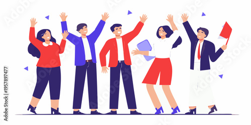 A group of diverse people celebrate a success with arms raised