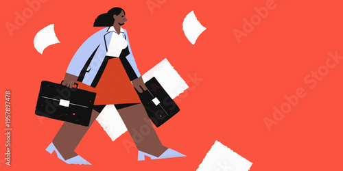 A businesswoman walks with a briefcase amidst falling white paper