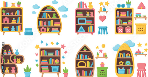Kids room furniture and toy shelves vector set with bookcases, storage units, decor elements, nursery interior illustration collection