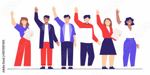 Diverse group of people raising hands in a celebratory gesture