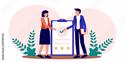 Successful business deal confirmed with a handshake and checkmark illustration