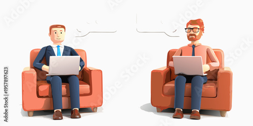 Two businessmen seated in armchairs appearing to be in a virtual meeting