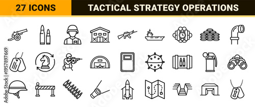 Military Defense and Tactical Strategy Minimalist Geometric Line Art Outline Symbols for Global Security and Armed Forces Graphics.