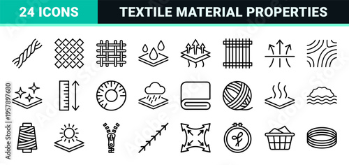 Minimalist Monoline Textile Icons Featuring Fabric Properties Garment Care and Material Composition Symbols in Geometric Line Art Style