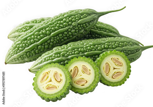 Bitter melon whole and sliced with seeds isolated on a transparent background karela