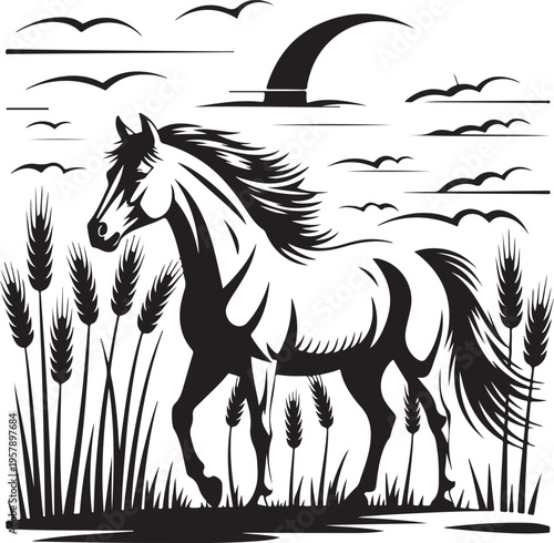 A wild black stallion and its foal gallop across a grassy meadow in this stylized vector illustration of a running mustang in nature