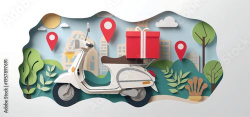 A white scooter delivers a gift in an urban environment with trees and buildings