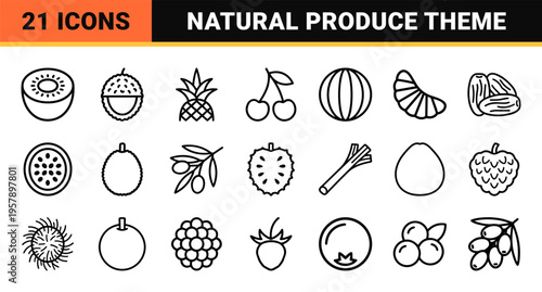 Minimalist Monoline Fruit Symbols Geometric Line Art for Healthy Living Grocery Apps and Digital Menu Design Concepts