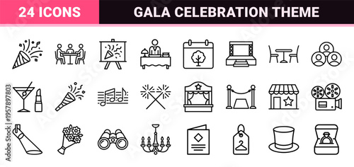 Event Planning and Celebration Line Art Symbols; Minimalist Monoline Icons for Hospitality, Gala Festivals, and Party Management Branding.