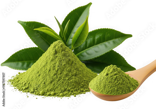 Matcha powder and green tea leaves isolated on a transparent background