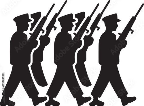 soldiers during a military parade. black icon drawing vector