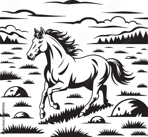 A black horse vector illustration featuring a wild stallion silhouette running with a flowing mane and tail, capturing the powerful gallop of a mustang in a clean equestrian art design
