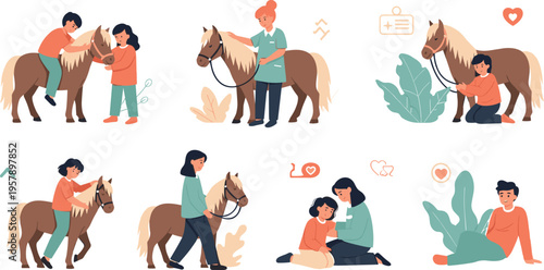Horse care and training vector set with people grooming, riding, bonding and feeding horses, equestrian lifestyle illustration collection