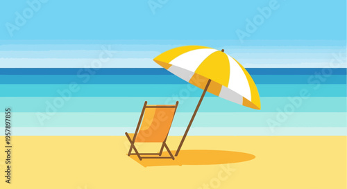 Yellow beach umbrella and chair on sand by ocean