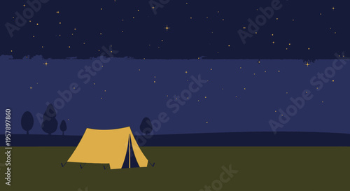 Yellow camping tent under starry night sky in a field