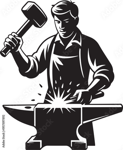 Retro cartoon illustration of a construction worker person using a hammer tool for repair work in a vector silhouette style