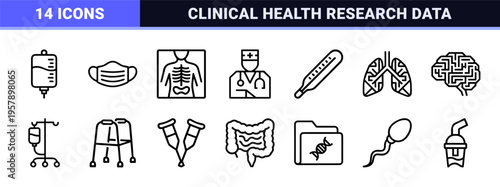 Healthcare and Medical Diagnostics Line Art Symbols featuring Minimalist Monoline Aesthetic for Professional Hospital Interface Design