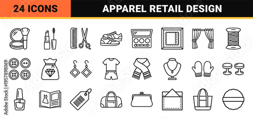 Minimalist Monoline Fashion and Apparel Icon Set featuring Geometric Line Art Symbols for Retail, Tailoring, and Beauty E-commerce Design.