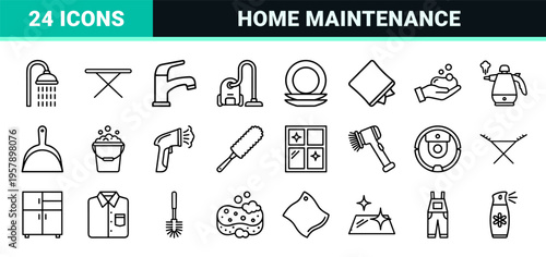 Professional House Cleaning and Domestic Maintenance Line Art: Minimalist Monoline Geometric Outlines for Sanitation and Hygiene Services.