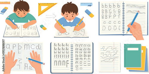 Kids practicing handwriting and alphabet worksheets set with pencils, notebooks and tracing letters, early education learning cartoon vector illustration collection