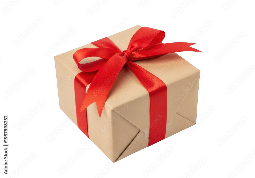 Fototapeta premium A square gift box wrapped in rustic brown paper tied with a vibrant red satin ribbon and festive bow